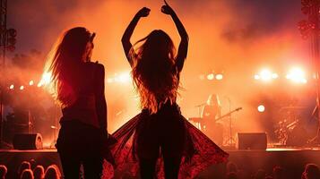dos muchachas teniendo divertido bailando a un verano música festival con un aplausos multitud. silueta concepto foto