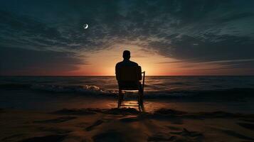 el hombre sentado playa. silueta concepto foto