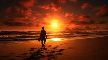 Surfer boy silhouette at beach sunset photo
