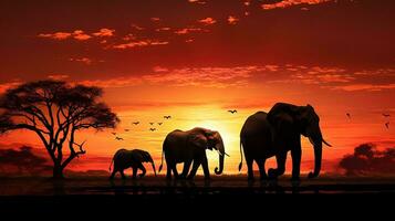 Silhouetted elephant family at sunset photo