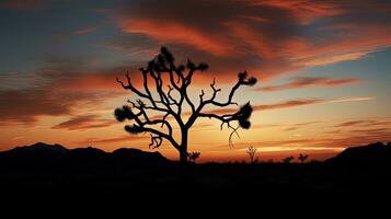 Silhouette of Joshua Tree in blooming California desert photo