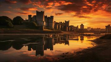 puesta de sol ver de caernarfon castillo en norte Gales. silueta concepto foto