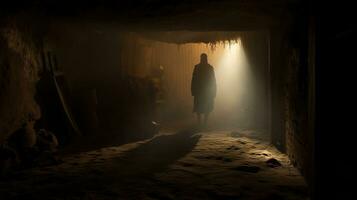 An eerie ghostly figure captured in an aged dusty cellar s photograph. silhouette concept photo