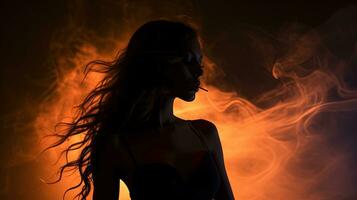 A stunning female silhouette with long hair illuminated by a flash in the dark is portrayed in both full face and profile with a smoky background photo