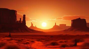 Sunrise in Monument Valley with silhouetted rocks against an orange sky photo