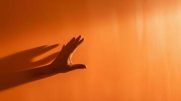 elegante forma de un mano sombra en un naranja iluminado pared en color. silueta concepto foto