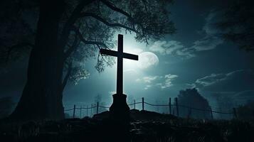 Moonlit cemetery with a cross. silhouette concept photo