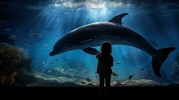 Child observing dolphin through aquarium glass. silhouette concept photo