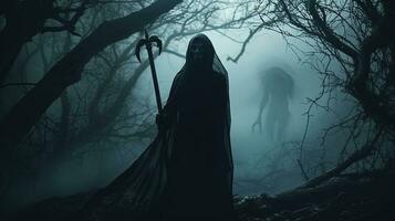 A spooky forest with a ghostly woman holding a scythe alluding to Halloween. silhouette concept photo