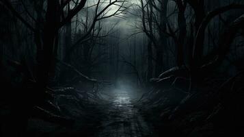 Eerie forest with sinister trees along a dim path on a winter s night. silhouette concept photo