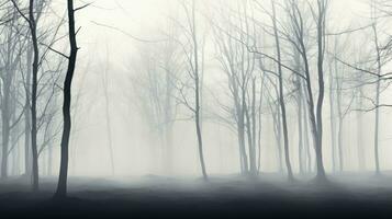 Winter fog creates a silhouetted forest with trees photo