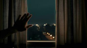 Man peeking through curtain onto city street in dim lighting. silhouette concept photo