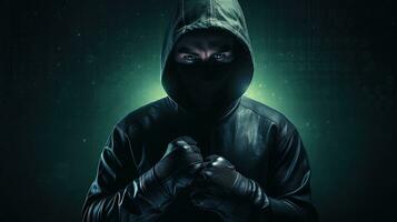 Anonymous dark figure with boxing gloves engaging in cyber crime and malware activities with a focus on internet hacking and system disruption. silhouette concept photo