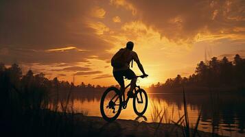 Man silhouette riding bicycles outdoors at sunset photo