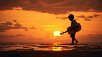 Asian boy with guitar enjoying summer sunset chasing musician dreams. silhouette concept photo