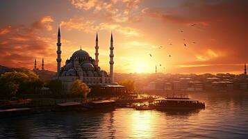 ver de suleymaniye mezquita a puesta de sol en Estanbul Turquía desde salacak. silueta concepto foto