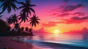 Gorgeous tropical sunset over beach with palm tree silhouettes Perfect for summer travel and vacation photo