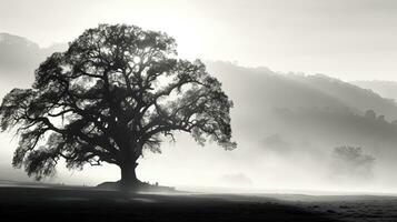 Monochrome picture of a huge oak tree on a foggy California slope at sunrise. silhouette concept photo