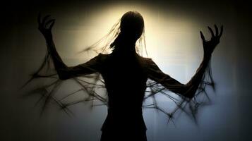 Terrifying creature behind a dirty glass with long claws. silhouette concept photo