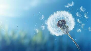 A dandelion silhouette on a vibrant background with seeds in flight photo