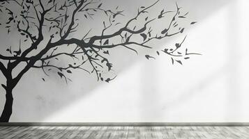 Shadow of leaves on tree branch and trunk pattern on white concrete wall black and white nature shadow art on wall. silhouette concept photo