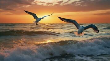 Seagulls flying over the sunset lit sea. silhouette concept photo