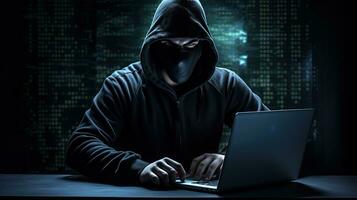 anónimo oscuro figura con boxeo guantes atractivo en ciber crimen y malware ocupaciones con un atención en Internet hackear y sistema ruptura. silueta concepto foto