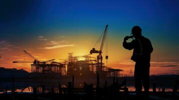 Inspector working at construction during twilight creating a silhouette photo