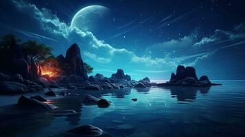 Futuristic seascape at night with moon s reflection on water large stones and trees on the shore neon blue meteorite rays and islands in the landscape. silhouette concept photo