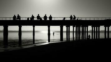 Black and white photograph of people resting on a sea pier. silhouette concept photo