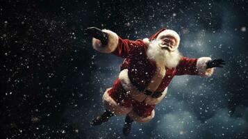 Papa Noel claus moscas en el noche cielo en Navidad víspera con nieve. silueta concepto foto