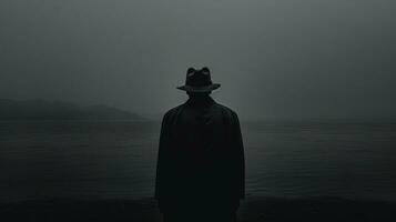 hombre en sombrero en el lluvia acecho niebla Acercarse desde el mar noir vibras. silueta concepto foto