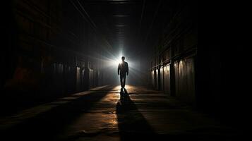 Employee exiting a dim hallway. silhouette concept photo