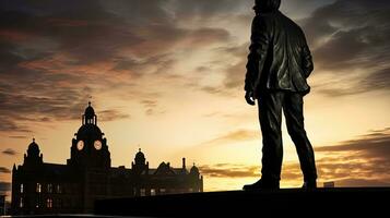 Statue of British singer Billy Fury on Liverpool s Albert Dock. silhouette concept photo