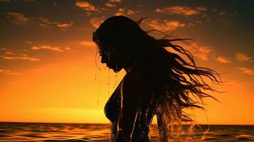 Girl s silhouette at sunset with abstractly wet hair photo
