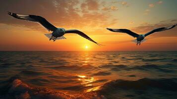 Seagulls flying over the sunset lit sea. silhouette concept photo