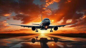 Airplane arrives flying low with scenic sunset backdrop. silhouette concept photo