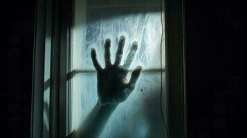 Hand silhouette behind window or glass door representing fear or terror photo