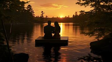 Pareja en un lago muelle acecho el puesta de sol a su boda. silueta concepto foto