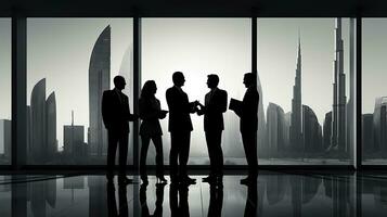 Business individuals are having a black and white conversation in Dubai to form a partnership agreement. silhouette concept photo