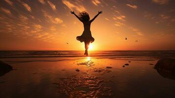 Beach girl silhouette jumping photo