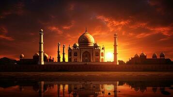 Sunset backdrop with Taj Mahal in Agra India. silhouette concept photo