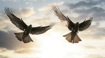 Two wing flapping birds in the white sky. silhouette concept photo