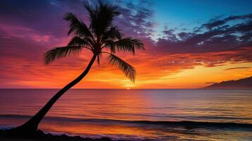 A palm tree silhouette against a vibrant sunset on Kaanapali Beach in Maui photo