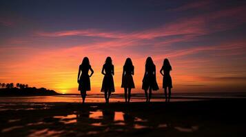 muchachas en playa a puesta de sol esbozado. silueta concepto foto