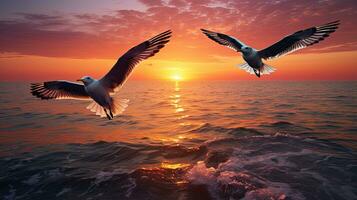 Seagulls flying over the sunset lit sea. silhouette concept photo