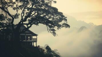 Vintage appearance of Thai hill Khao Krachom displaying fog trees and house. silhouette concept photo