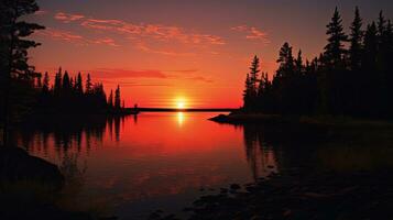 Silhouette of trees in front of a Canadian lake at twilight with a glowing sunset photo