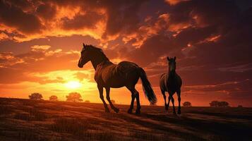 Horses on the field at sunset. silhouette concept photo