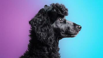 Closeup photo of attractive black poodle on vibrant backdrop. silhouette concept